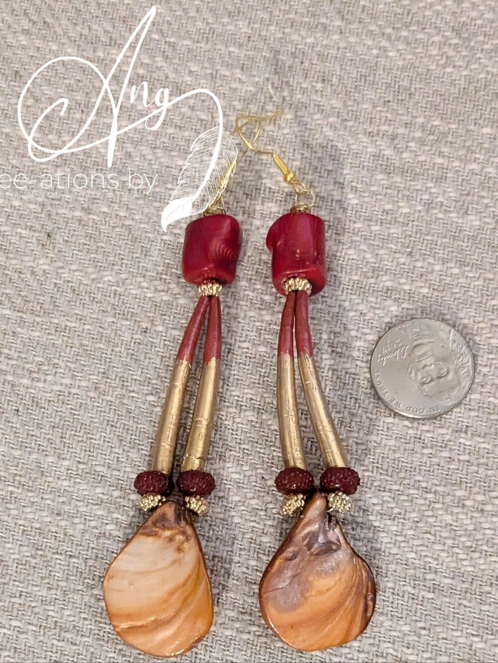 Indigenous Red and Gold Dentalium Shell Earrings